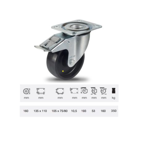 Forgó-fékes görgő, fekete antisztatikus (ESD) poliamid futófelület, 160 mm, 350 kg teherbírás, talpas felfogatás