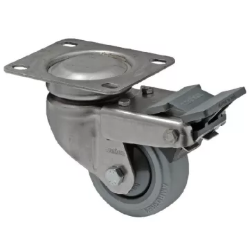   Forgó-fékes kerék, rozsdamentes villába szerelve, prémium PERFORMA tömörgumi futófelület, 80 mm, 120 kg teherbírás, talpas felfogatás