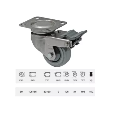   Forgó-fékes kerék, rozsdamentes villába szerelve, prémium PERFORMA tömörgumi futófelület, 80 mm, 120 kg teherbírás, talpas felfogatás