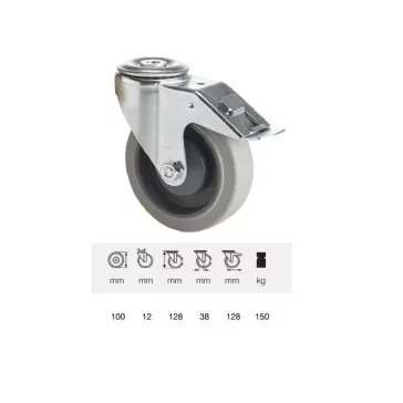   PERFORMA tömörgumis, Hátfuratos, Forgó-Fékes görgő, rozsdamentes villában, 100 mm, 150 kg