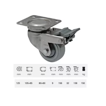   Forgó-fékes kerék, rozsdamentes villába szerelve, prémium PERFORMA tömörgumi futófelület, 125 mm, 150 kg teherbírás, talpas felfogatás