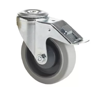   Forgó-fékes kerék, rozsdamentes villába szerelve, prémium PERFORMA tömörgumi futófelület, 125 mm, 150 kg teherbírás, furatos felfogatás