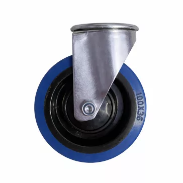   Közepes teherbírású görgő, kék futófelület, hátfuratos, önbeálló, elasztikus gumi, 100 mm