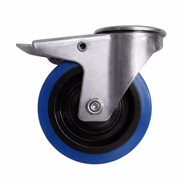   Közepes teherbírású görgő, kék futófelület, hátfuratos, forgó-fékes, elasztikus gumi, 100 mm
