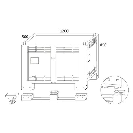 Zárt oldalú 550 l-es box-konténer 4 lábas, reg