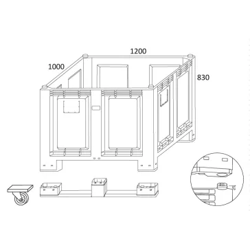 Perforált oldalú 680 l-es box-konténer, 4 lábas