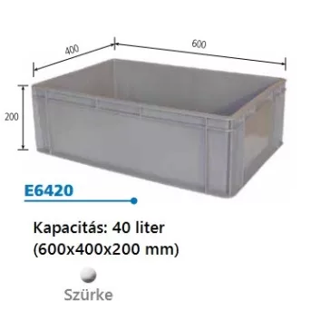   Euro Műanyag Láda 600X400X200 mm, Erősített Zárt Markolat, Szürke