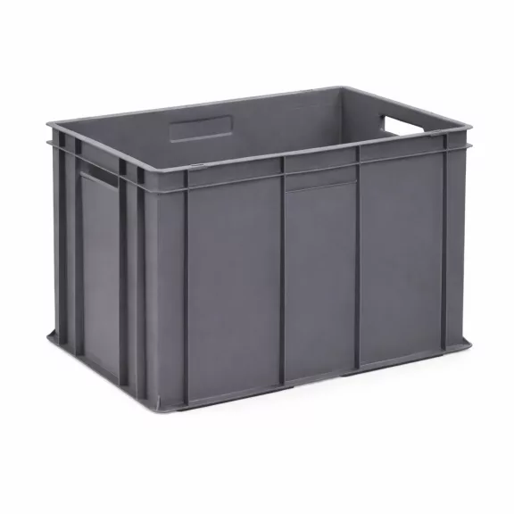 Euro Műanyag Láda 60X40X45 cm, szürke, erősített alj, nyitott markolat Euro Műanyag Láda 60X40X45 cm, szürke, erősített alj, nyitott markolat