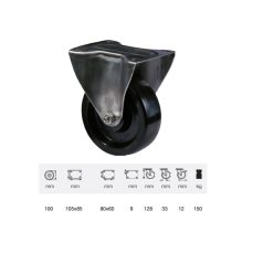   Hőálló (+280 C-ig) Fix kerék, horganyzott villába szerelve, fenolgyantával kevert futófelület, 100 mm, 150 kg teherbírás, talpas felfogatás