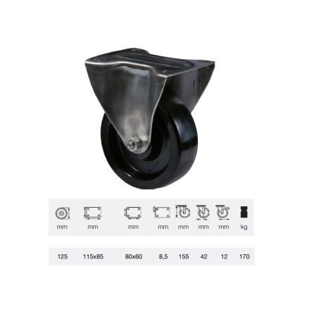 Hőálló (+280 C-ig) Fix kerék, horganyzott villába szerelve, fenolgyantával kevert futófelület, 125 mm, 150 kg teherbírás, talpas felfogatás