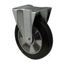 FIx kerék, horganyzott villába szerelve, fekete tömörgumi futófelülettel, 100 mm, 180 kg, talpas felfogatás