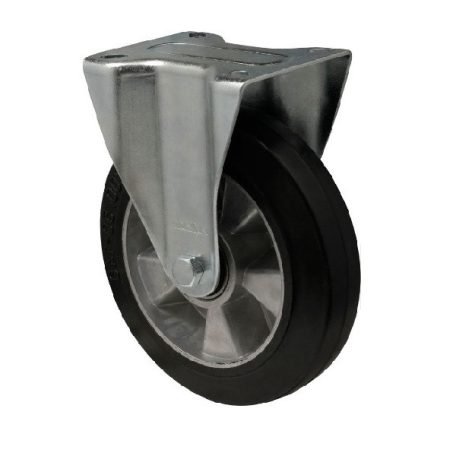 FIx kerék, horganyzott villába szerelve, fekete tömörgumi futófelülettel, 100 mm, 180 kg, talpas felfogatás