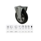 FIx kerék, horganyzott villába szerelve, fekete tömörgumi futófelülettel, 100 mm, 180 kg, talpas felfogatás