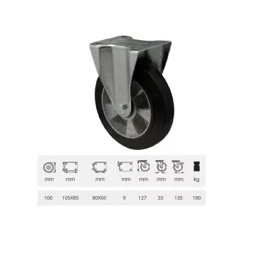   FIx kerék, horganyzott villába szerelve, fekete tömörgumi futófelülettel, 100 mm, 180 kg, talpas felfogatás