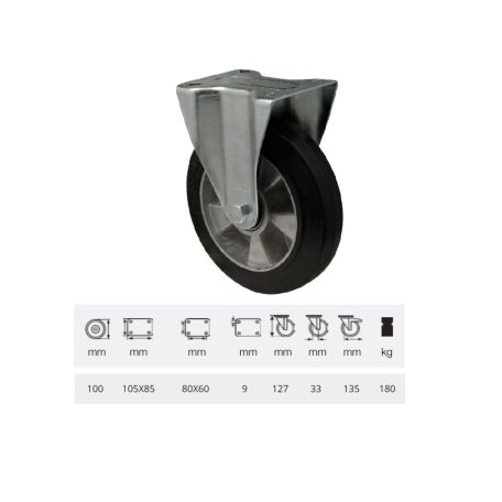 FIx kerék, horganyzott villába szerelve, fekete tömörgumi futófelülettel, 100 mm, 180 kg, talpas felfogatás