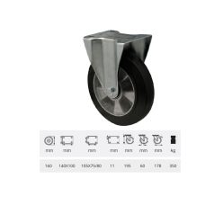   FIx kerék, horganyzott villába szerelve, fekete tömörgumi futófelülettel, 160 mm, 350 kg, talpas felfogatás