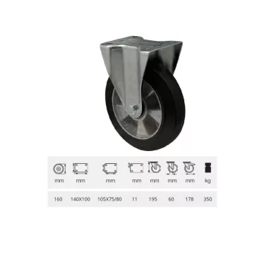   FIx kerék, horganyzott villába szerelve, fekete tömörgumi futófelülettel, 160 mm, 350 kg, talpas felfogatás