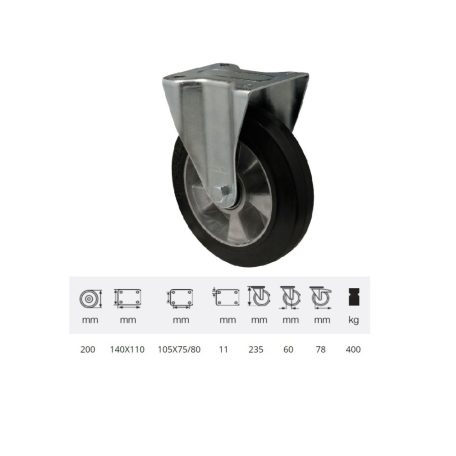 Fix kerék, horganyzott villába szerelve, fekete tömörgumi futófelülettel, 200 mm, 400 kg, talpas felfogatás