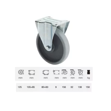   Fix kerék, horganyzott villába szerelve, prémium ECOFORMA tömörgumi futófelület, 125 mm, 150 kg teherbírás, talpas felfogatás