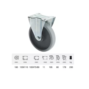   Fix kerék, horganyzott villába szerelve, prémium ECOFORMA tömörgumi futófelület, 160 mm, 200 kg teherbírás, talpas felfogatás