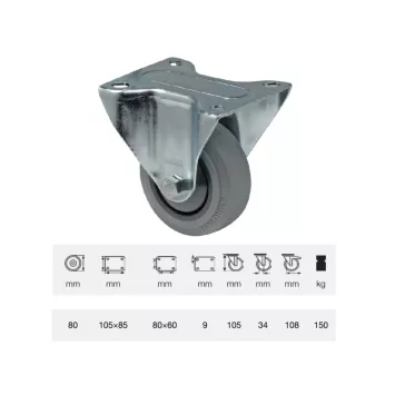   Fix kerék, horganyzott villába szerelve, prémium PERFORMA tömörgumi futófelület, 80 mm, 120 kg teherbírás, talpas felfogatás