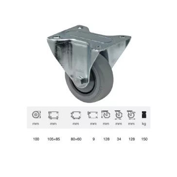   Fix kerék, horganyzott villába szerelve, prémium PERFORMA tömörgumi futófelület, 100 mm, 150 kg teherbírás, talpas felfogatás