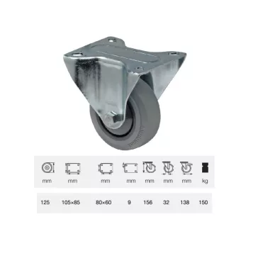   Fix kerék, horganyzott villába szerelve, prémium PERFORMA tömörgumi futófelület, 125 mm, 150 kg teherbírás, talpas felfogatás