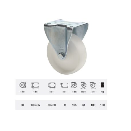 Poliamid, Fix, Talpas görgő, 80 mm, 150 kg