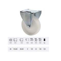   Fix kerék, (polipropilén) műanyag futófelület, horganyzott villába szerelve, 80 mm, 100 kg teherbírás, talpas felfogatás