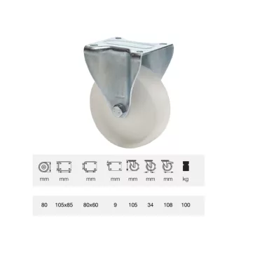   Fix kerék, (polipropilén) műanyag futófelület, horganyzott villába szerelve, 80 mm, 100 kg teherbírás, talpas felfogatás