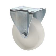   Fix kerék, (polipropilén) műanyag futófelület, horganyzott villába szerelve, 100 mm, 125 kg teherbírás, talpas felfogatás