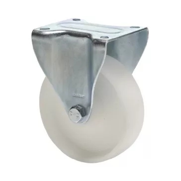   Fix kerék, (polipropilén) műanyag futófelület, horganyzott villába szerelve, 100 mm, 125 kg teherbírás, talpas felfogatás