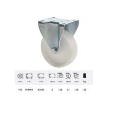   Fix kerék, (polipropilén) műanyag futófelület, horganyzott villába szerelve, 100 mm, 125 kg teherbírás, talpas felfogatás