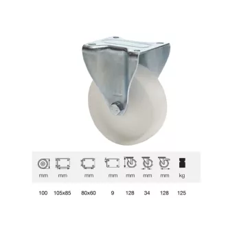   Fix kerék, (polipropilén) műanyag futófelület, horganyzott villába szerelve, 100 mm, 125 kg teherbírás, talpas felfogatás