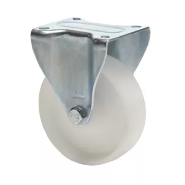   Fix kerék, (polipropilén) műanyag futófelület, horganyzott villába szerelve, 125 mm, 150 kg teherbírás, talpas felfogatás