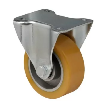   Fix kerék, Poluretán futófelülettel, horganyzott villába szerelve, 100 mm, 250 kg teherbírás, talpas felfogatás
