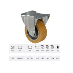   Fix kerék, Poluretán futófelülettel, horganyzott villába szerelve, 100 mm, 200 kg teherbírás, talpas felfogatás