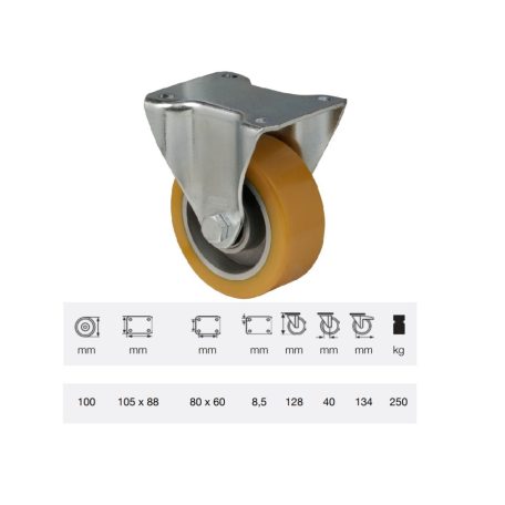 Fix kerék, Poluretán futófelülettel, horganyzott villába szerelve, 100 mm, 200 kg teherbírás, talpas felfogatás