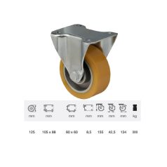 Poluretán, Fix, Talpas görgő, 125 mm, 250 kg