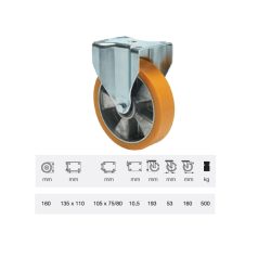 Poluretán, Fix, Talpas görgő, 160 mm, 500 kg