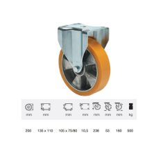   Fix kerék, Poluretán futófelülettel, horganyzott villába szerelve, 200 mm, 500 kg teherbírás, talpas felfogatás