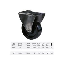   Hőálló (+280 C-ig) Fix kerék, rozsdamentes villába szerelve, fenolgyantával kevert futófelület, 100 mm, 150 kg teherbírás, talpas felfogatás