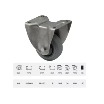   Fix kerék, rozsdamentes villába szerelve, prémium PERFORMA tömörgumi futófelület, 80 mm, 120 kg teherbírás, talpas felfogatás