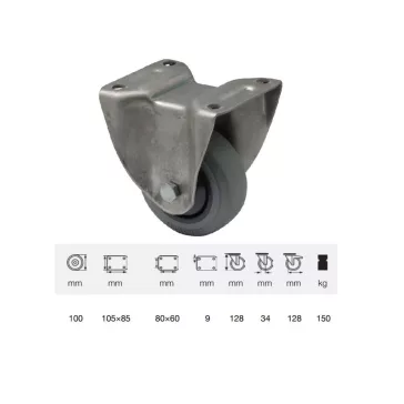   PERFORMA tömörgumis, Fix, Talpas görgő, rozsdamentes villába szerelve, 100 mm, 150 kg