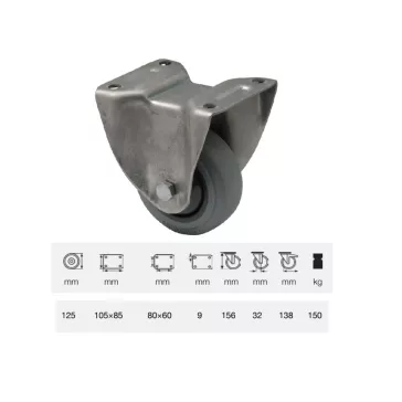   Fix kerék, rozsdamentes villába szerelve, prémium PERFORMA tömörgumi futófelület, 125 mm, 150 kg teherbírás, talpas felfogatás