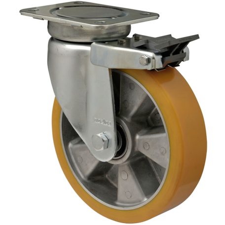 Nagy teherbírású forgó-fékes kerék, poliuretán futófelület, horganyzott villába szerelve, 200 mm, 800 kg teherbírás,