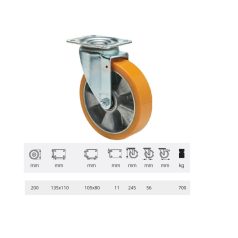   Nagy teherbírású, forgó-fékes görgő, poliuretán, 200 mm, 700 kg