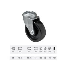   Hőálló (+280 C-ig) Forgó kerék, horganyzott villába szerelve, fenolgyantával kevert futófelület,  80 mm, 150 kg teherbírás, furatos felfogatás