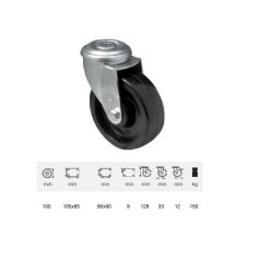   Hőálló (+280 C-ig) Forgó kerék, horganyzott villába szerelve, fenolgyantával kevert futófelület, 100 mm, 150 kg teherbírás, furatos felfogatás