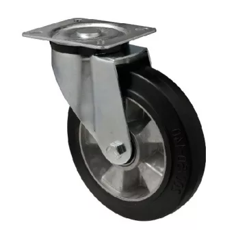   Forgó kerék, horganyzott villába szerelve, fekete tömörgumi futófelülettel, 100 mm, 180 kg, talpas felfogatás